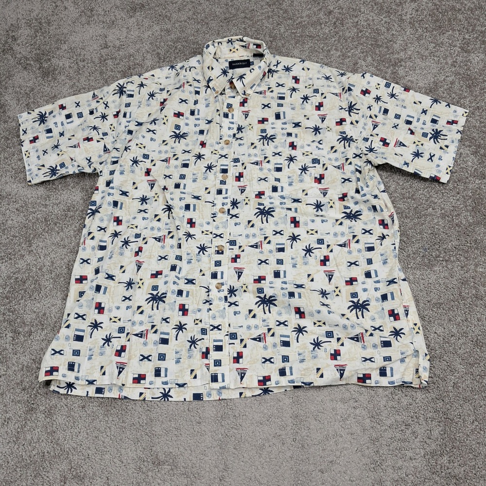 Harbor Bay Mens 1X Nautical Palm Tree Sailboat Cotton Button Down Shirt Cream